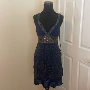 New Sue Wong Navy Blue Beaded Sequins Silk dress